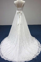 Bateau A Line Lace Sash Bowknot Sleeveless Wedding Dresses
