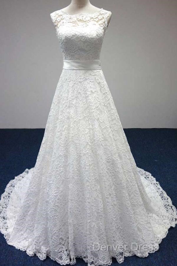 Bateau A Line Lace Sash Bowknot Sleeveless Wedding Dresses