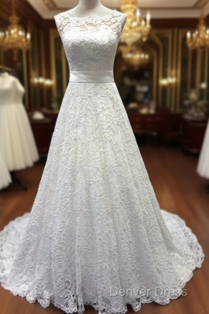 Bateau A-Line Lace Sash Bowknot Sleeveless Wedding Dresses