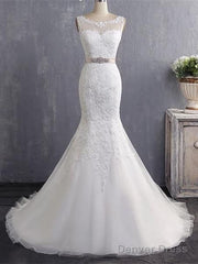 Bateau Neckline Mermaid Tulle Lace Wedding Dresses With Appliques