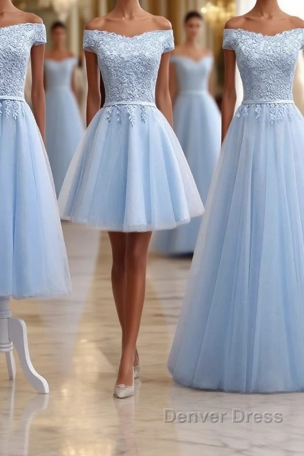 Sky Blue A Line Lace Off Shoulder Prom Dresses, Lace Evening Dresses Main image