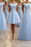 Sky Blue A Line Lace Off Shoulder Prom Dresses, Lace Evening Dresses