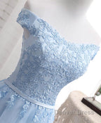 Sky Blue A Line Lace Off Shoulder Prom Dresses, Lace Evening Dresses