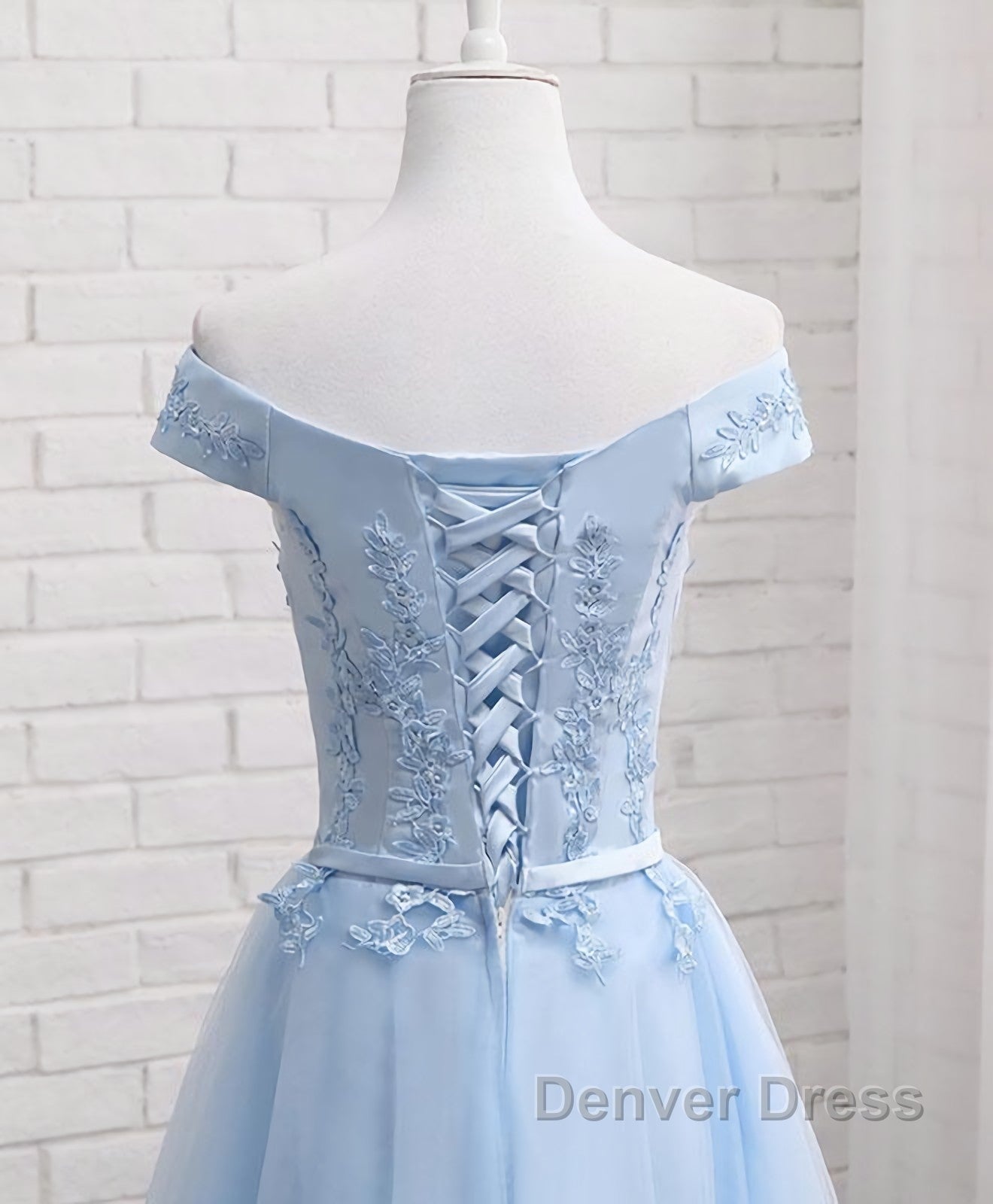 Sky Blue A Line Lace Off Shoulder Prom Dresses, Lace Evening Dresses