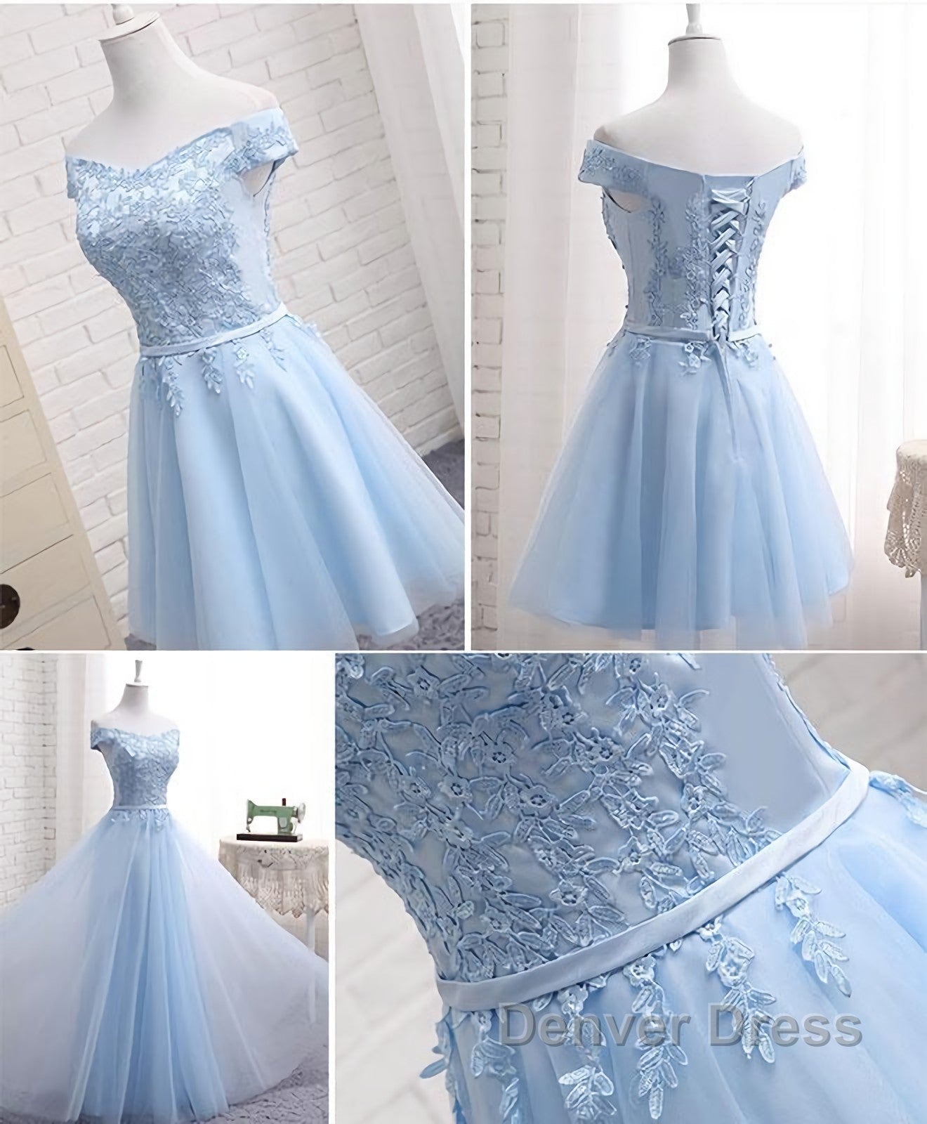 Sky Blue A Line Lace Off Shoulder Prom Dress, Lace Prom Dresses