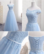 Sky Blue A Line Lace Off Shoulder Prom Dress, Lace Prom Dresses