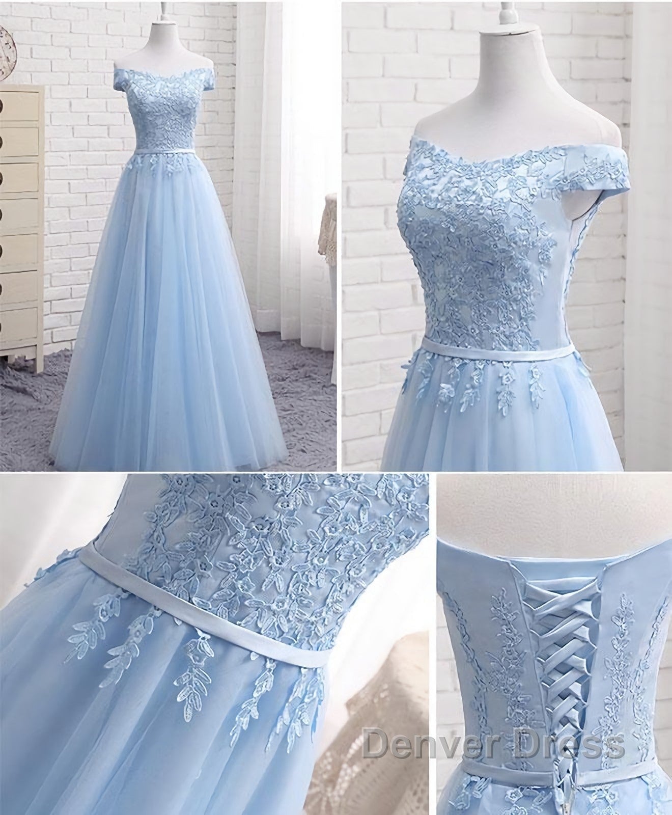 Sky Blue A Line Lace Off Shoulder Prom Dress, Lace Prom Dresses