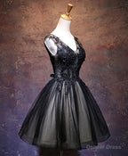 Black V Neck Lace Short Prom Dress, Black Prom Dresses