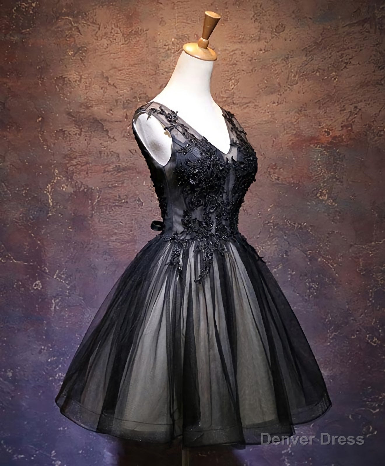 Black V Neck Lace Short Prom Dress, Black Prom Dresses