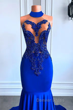 Royal Blue High Neck Sleeveless Mermaid Prom Dresses with Beadings