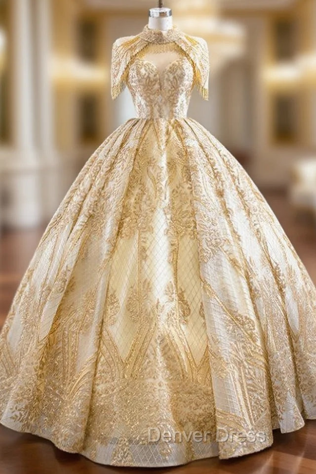 Be The Prom Queen Gold Ball Gowns Sequins Sweetheart Neck Pleats Long Wedding Dresses