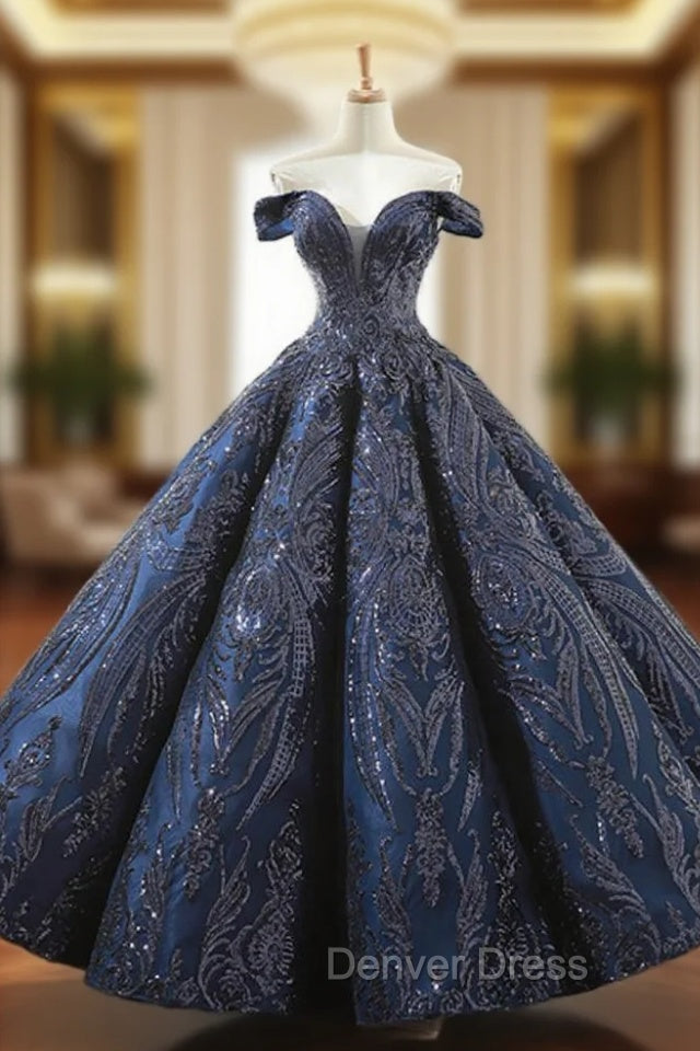 Be The Prom Queen In Navy Blue Sequins Ball Gown Off The Shoulder Prom Dresses Main image