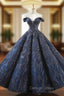 Be The Prom Queen In Navy Blue Sequins Ball Gown Off The Shoulder Prom Dresses
