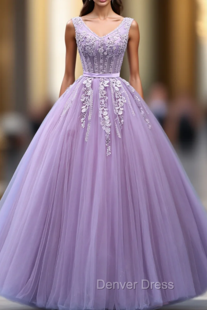 Be The Prom Queen In Purple Ball Gown Tulle V-neck Appliques Beading Quinceanera Dresses Main image