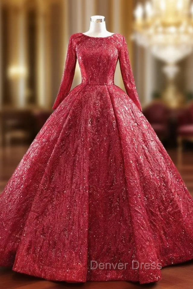 Be The Prom Queen In Red Ball Gown Sequins Long Sleeve Formal Prom Dresses Main image