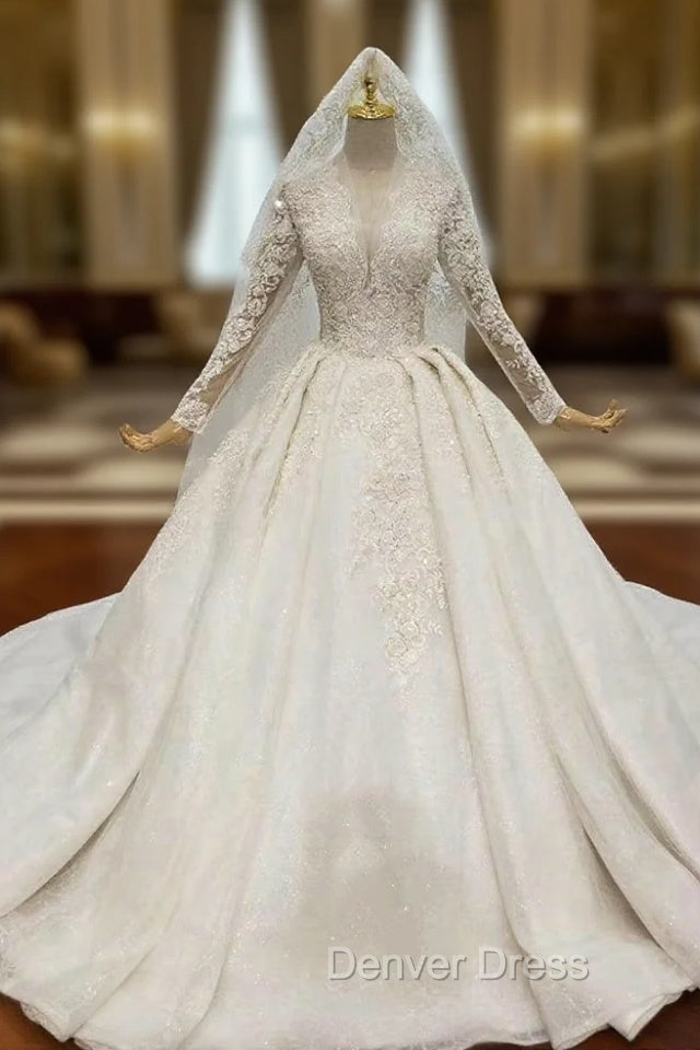 Be The Prom Queen White Tulle Lace Appliques V Neck Long Sleeve Wedding Dresses Main image