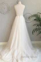 Beach Wedding Dresses Court Train A Line Spaghetti Strap Sweetheart Lace With Buttons Appliques