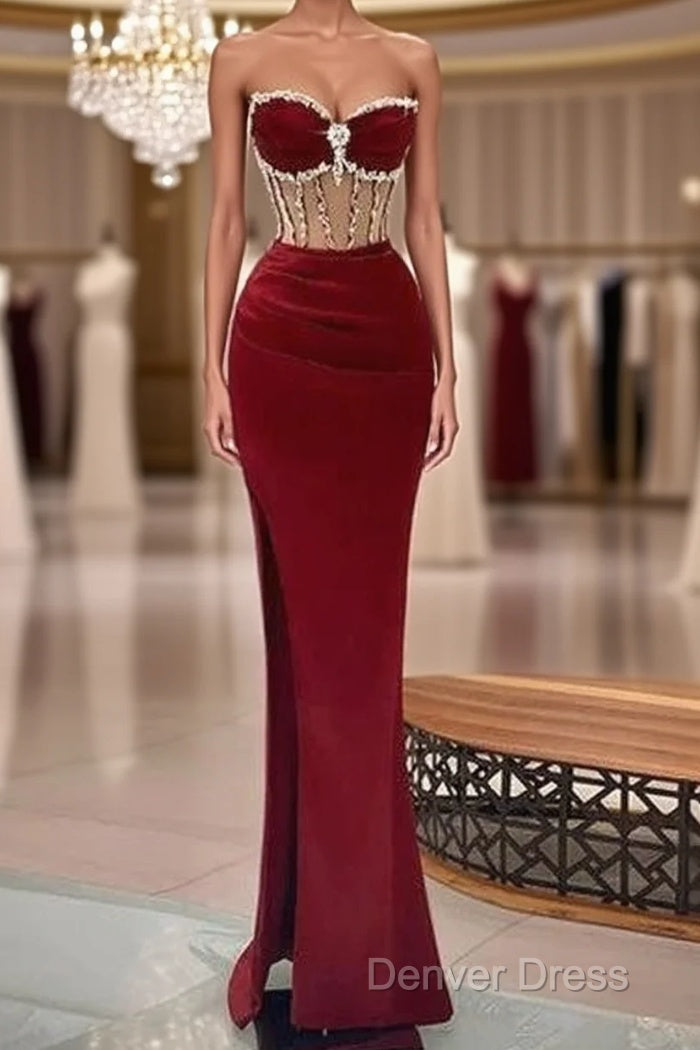 Beaded Burgundy Mermaid Prom Dresses Main image