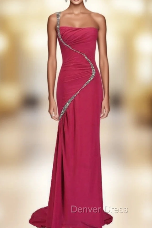Beaded Chiffon One Shoulder Wedding Prom Dress Mother of The Bride Dresses Main image