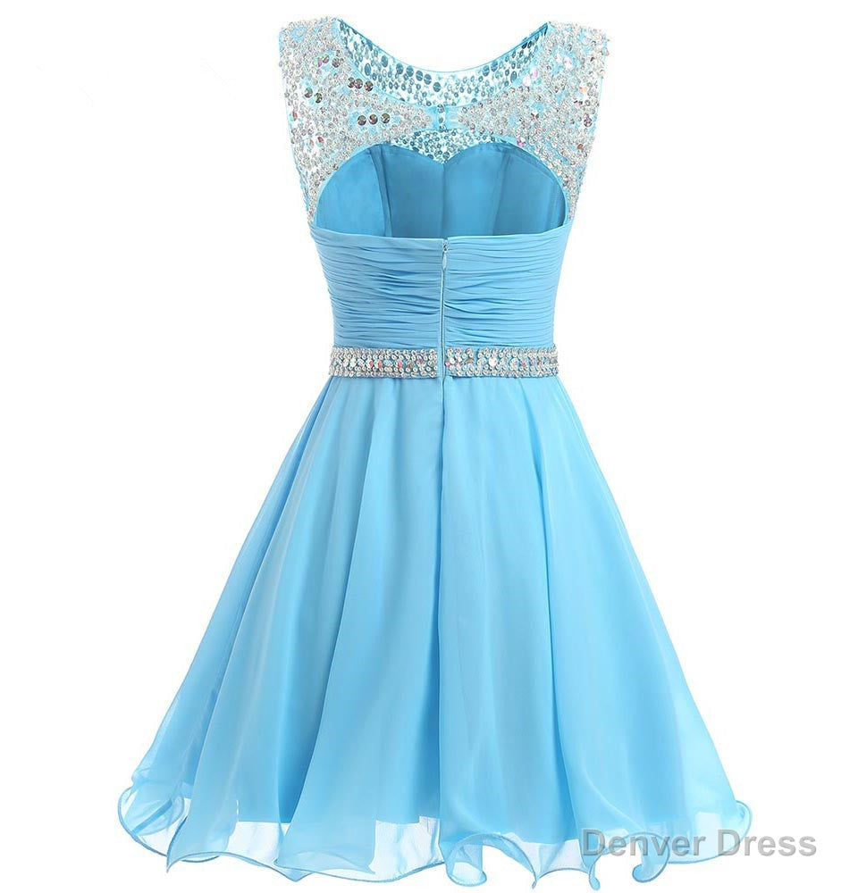 Beaded Chiffon Round Neckline Short Prom Dress, Blue Chiffon Homecoming Dresses Main image