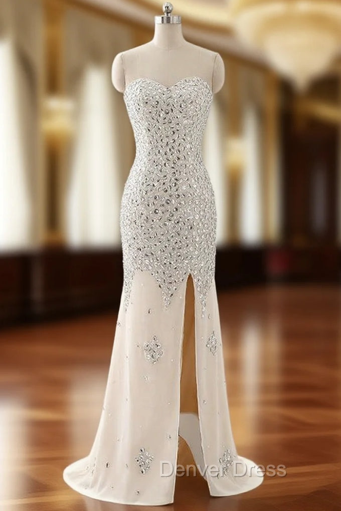 Beaded Evening Dresses Sweetheart Slit Champagne Mermaid Prom Dresses Main image