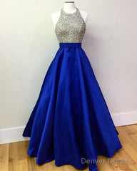Beaded Halter Satin Ball Gown Prom Dresses With Pockets