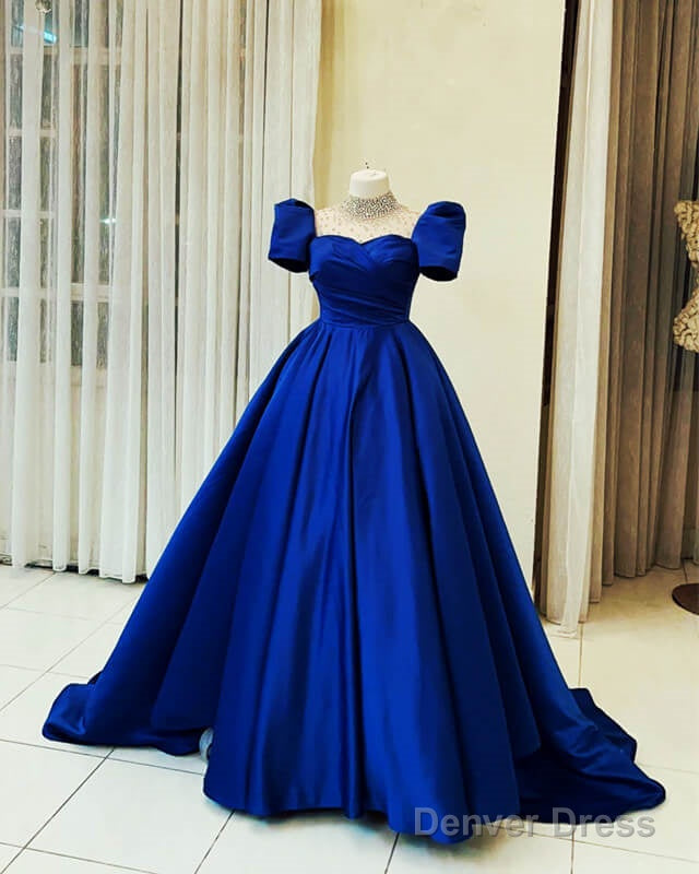 Beaded High Neck Cap Sleeve Satin Ball Gown