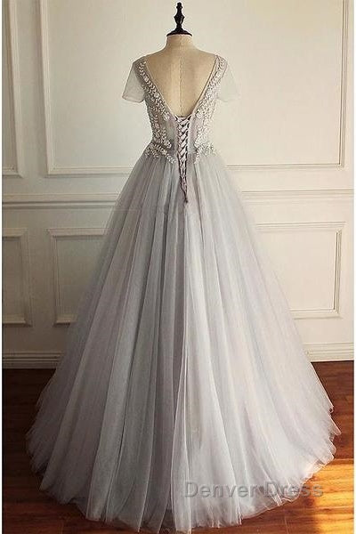 Beaded Lace Appliques Tulle V-Neck Gray A-Line Wedding Dresses Secondary image