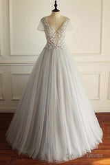 Beaded Lace Appliques Tulle V-Neck Gray A-Line Wedding Dress