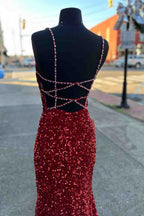 Beaded Straps Burgundy Sequins Mermaid Long Prom Dress,Prom Dresses Elegant