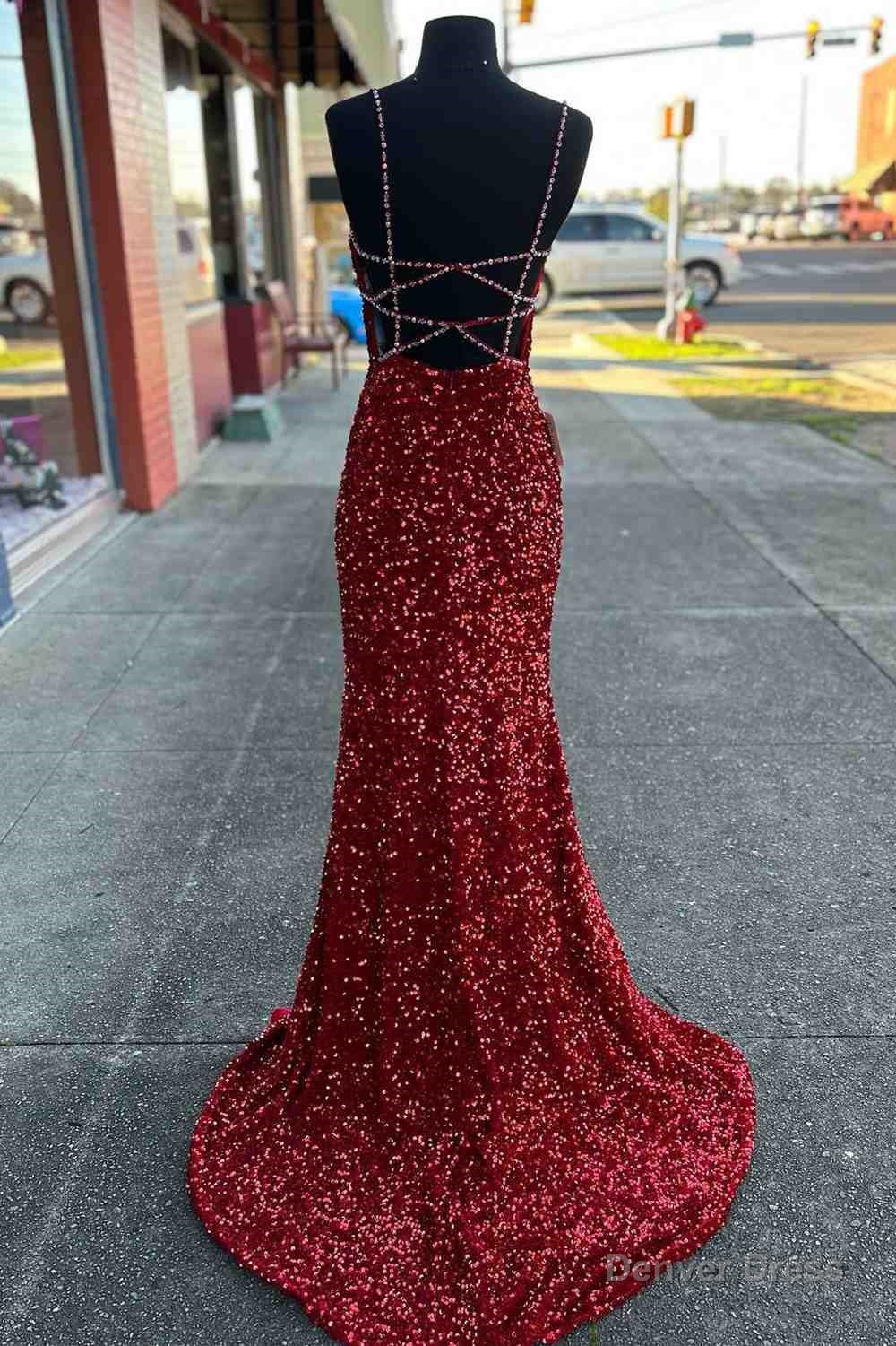 Beaded Straps Burgundy Sequins Mermaid Long Prom Dress,Prom Dresses Elegant