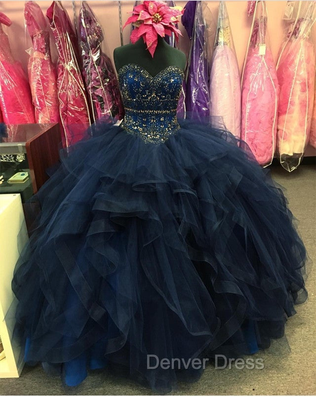 Beaded Sweetheart Organza Ruffle Snavy Blue Quinceanera Dresses Ball Gowns