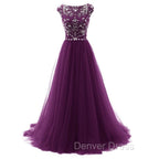Beaded Tulle Long Party Gown, Tulle Cap Sleeves Formal Dresses