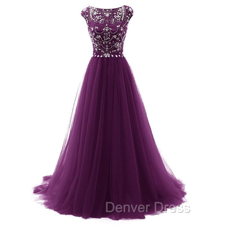 Beaded Tulle Long Party Gown, Tulle Cap Sleeves Formal Dresses