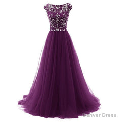 Beaded Tulle Long Party Gown, Tulle Cap Sleeves Formal Dresses