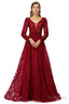 Beaded Wine Red Long V neck Sleeves Prom Dresses