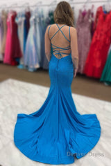 beading blue mermaid prom dress with slit