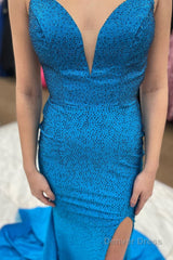 beading blue mermaid prom dress with slit