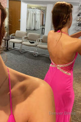 beading hot pink halter prom dress with slit