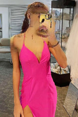 beading hot pink halter prom dress with slit