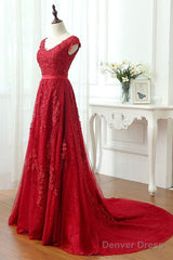 Beading Lace Tulle Long Red V Neck Appliques Prom Dress