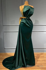 Beading Luxury Sparkle Dark Green Satin Sheath Column Prom Formal Dress