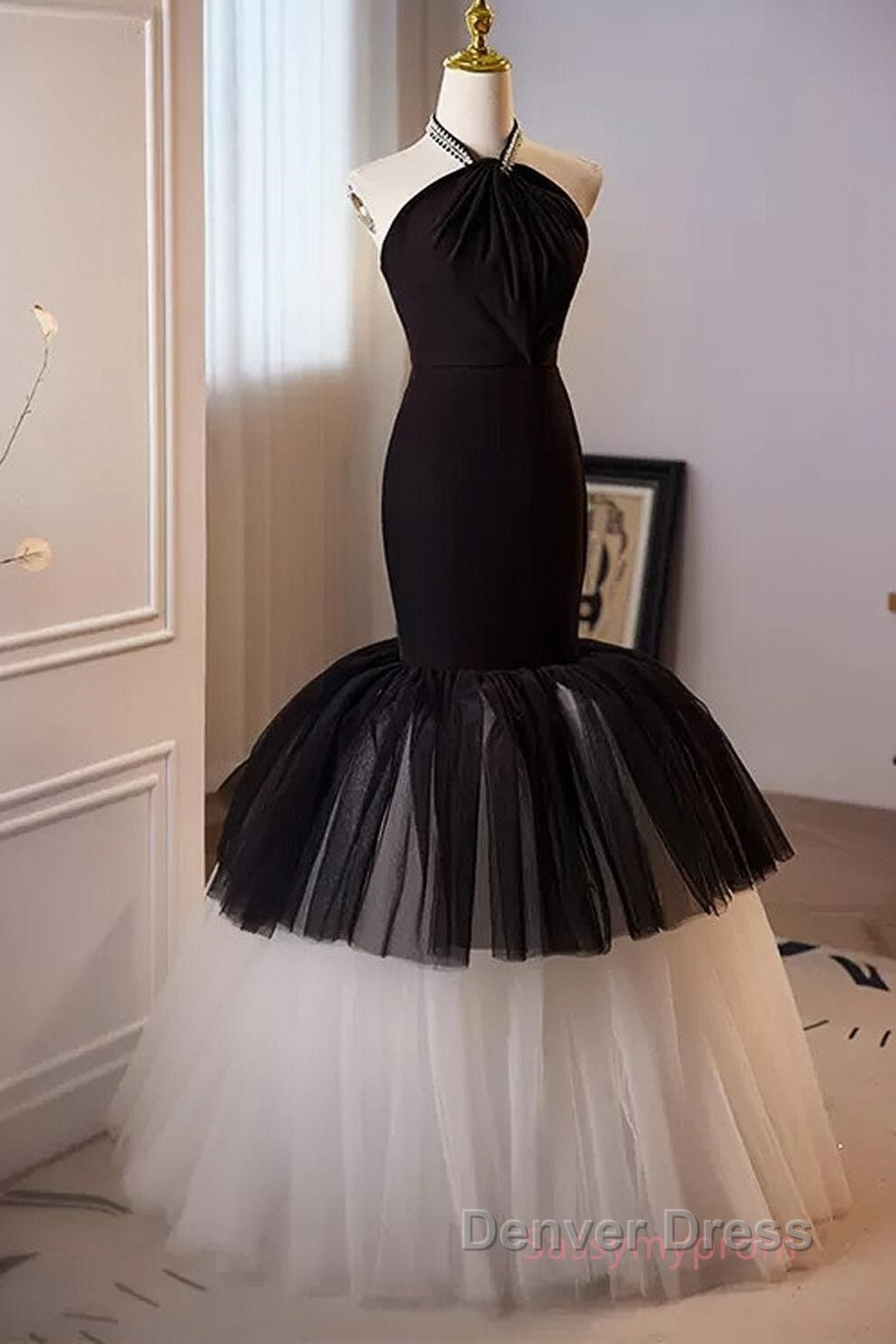 Beading Mermaid Black And White Halter Tulle Prom Dresses Secondary image