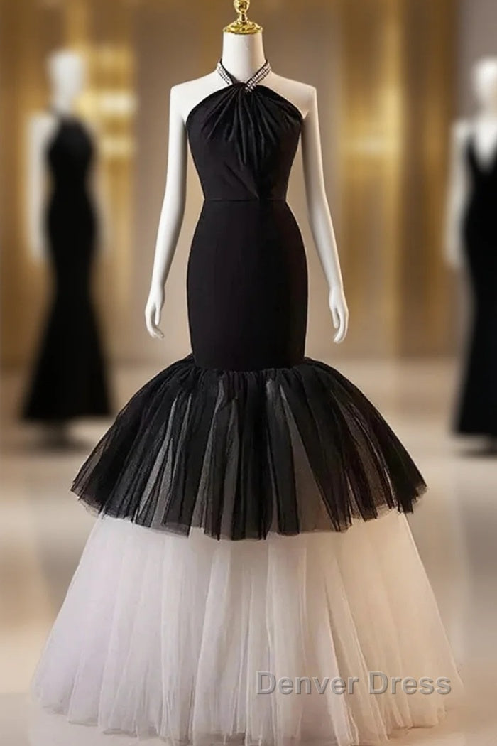 Beading Mermaid Black And White Halter Tulle Prom Dresses Main image