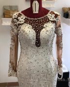 Beading Mermaid Sheer Tulle Wedding Dresses Appliques Long Sleeves Bridal Dresses