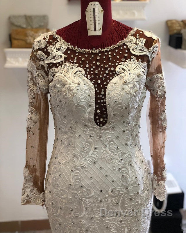 Beading Mermaid Sheer Tulle Wedding Dresses Appliques Long Sleeves Bridal Dresses