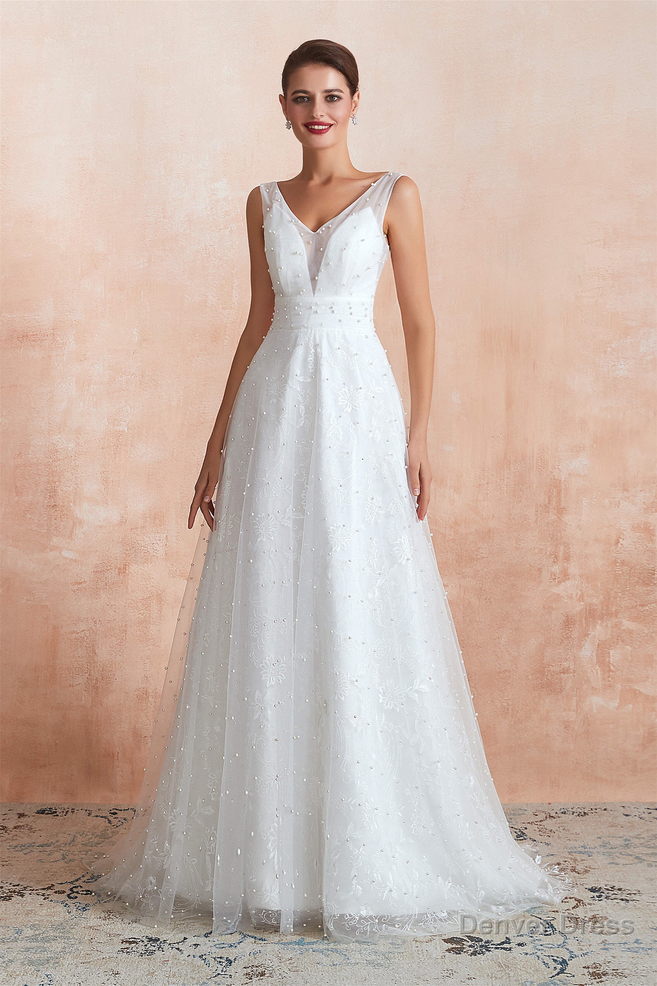 Beading Pearls Lace Floor Length Straps V Back Backless White A Line Wedding Dresses Secondary image