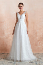 Beading Pearls Lace Floor Length Straps V Back Backless White A Line Wedding Dresses