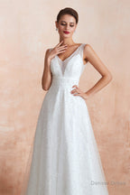 Beading Pearls Lace Floor Length Straps V Back Backless White A Line Wedding Dresses
