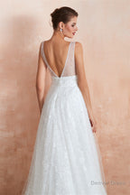 Beading Pearls Lace Floor Length Straps V-Back Backless White A-Line Wedding Dresses